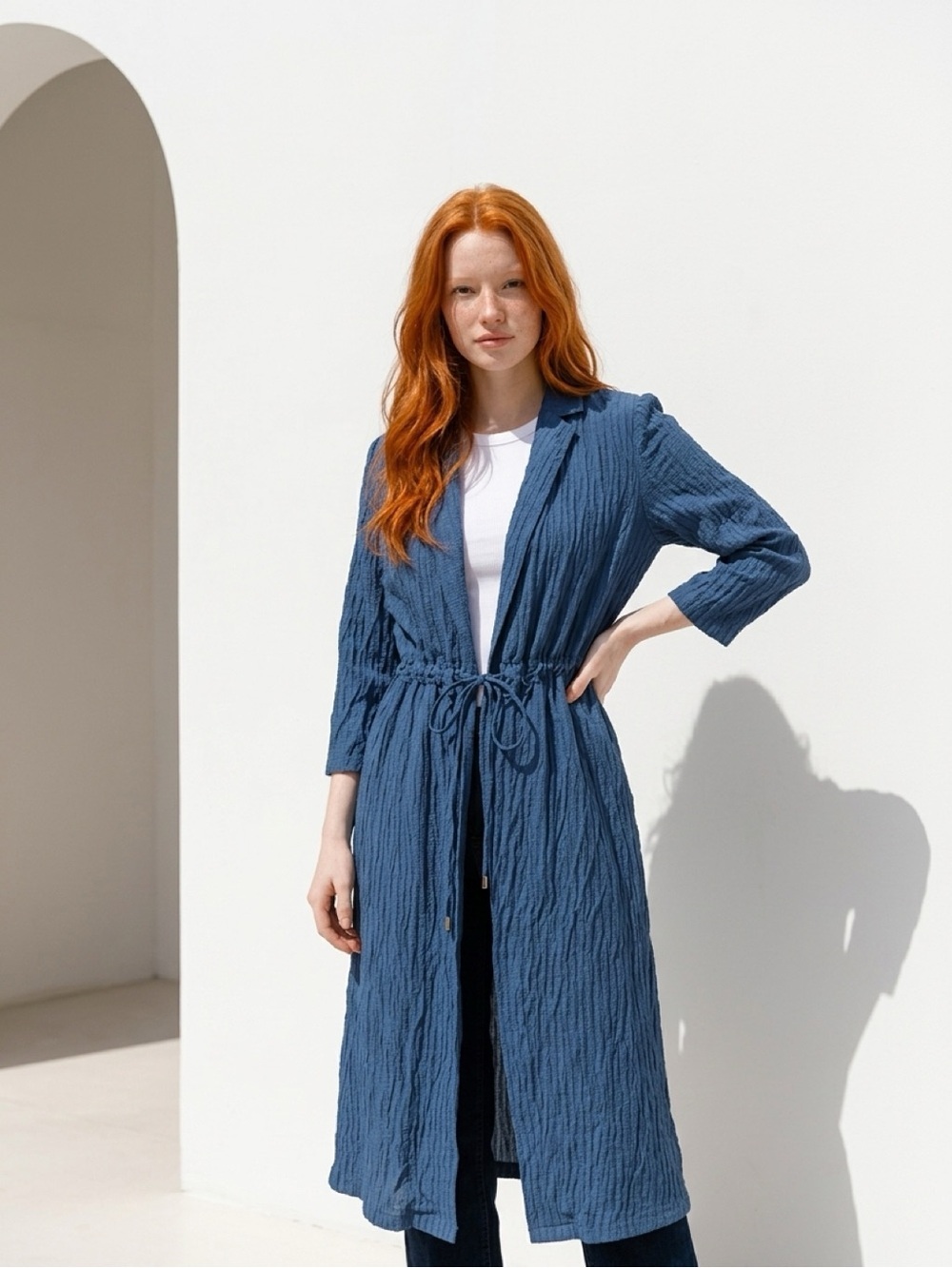 Blue Textured Tie-Waist Duster Coat